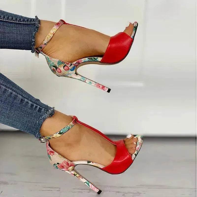 High heel buckle chunky heel floral sandals - EX-STOCK Canada