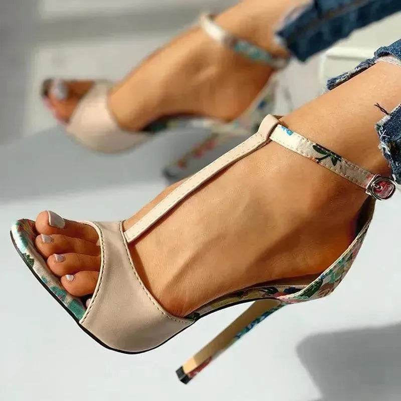High heel buckle chunky heel floral sandals - EX-STOCK Canada