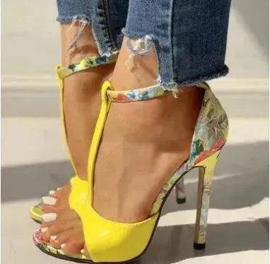 High heel buckle chunky heel floral sandals - EX-STOCK Canada