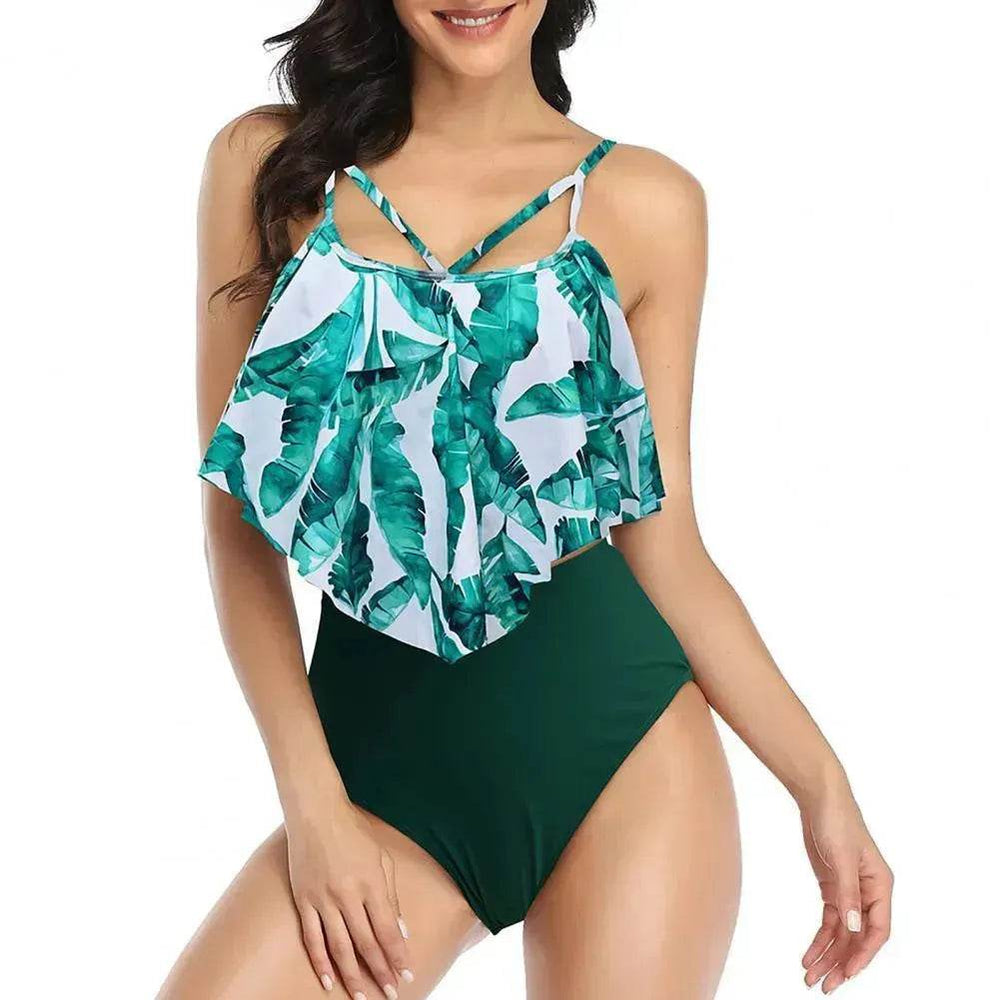 High Waist Split Swimsuit with Double Layer Lotus Leaf Design - EX-STOCK Canada