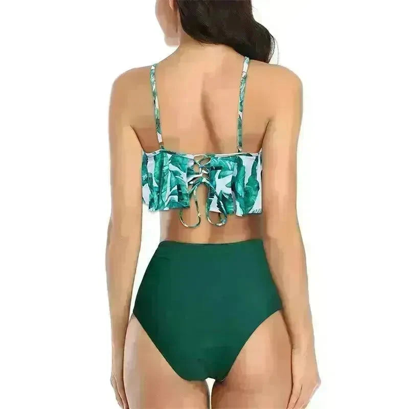 High Waist Split Swimsuit with Double Layer Lotus Leaf Design - EX-STOCK CANADA