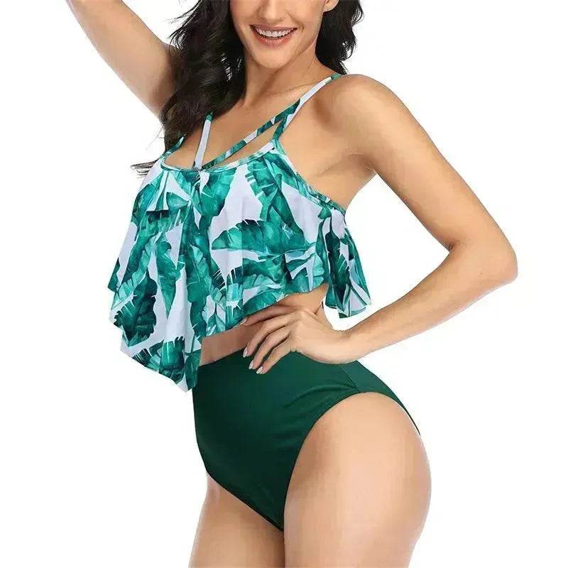 High Waist Split Swimsuit with Double Layer Lotus Leaf Design - EX-STOCK Canada