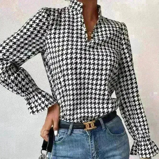 Houndstooth V-neck Long Sleeve Top Women - EX-STOCK CANADA