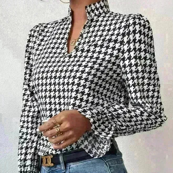 Houndstooth V-neck Long Sleeve Top Women - EX-STOCK CANADA