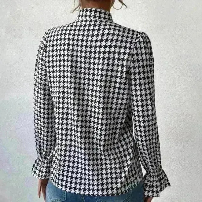 Houndstooth V-neck Long Sleeve Top Women - EX-STOCK CANADA