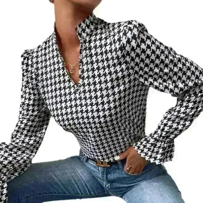 Houndstooth V-neck Long Sleeve Top Women - EX-STOCK CANADA