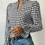Houndstooth V-neck Long Sleeve Top Women - EX-STOCK CANADA