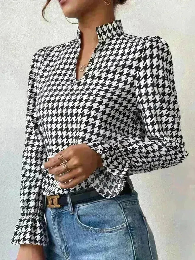 Houndstooth V-neck Long Sleeve Top Women - EX-STOCK CANADA