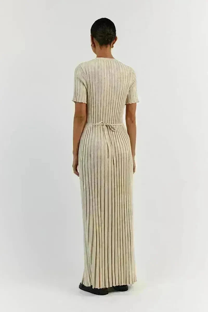 Knit Casual Tight Waist Round Neck Big Pit Stripe Slimming Knitted Long Dress - EX-STOCK CANADA