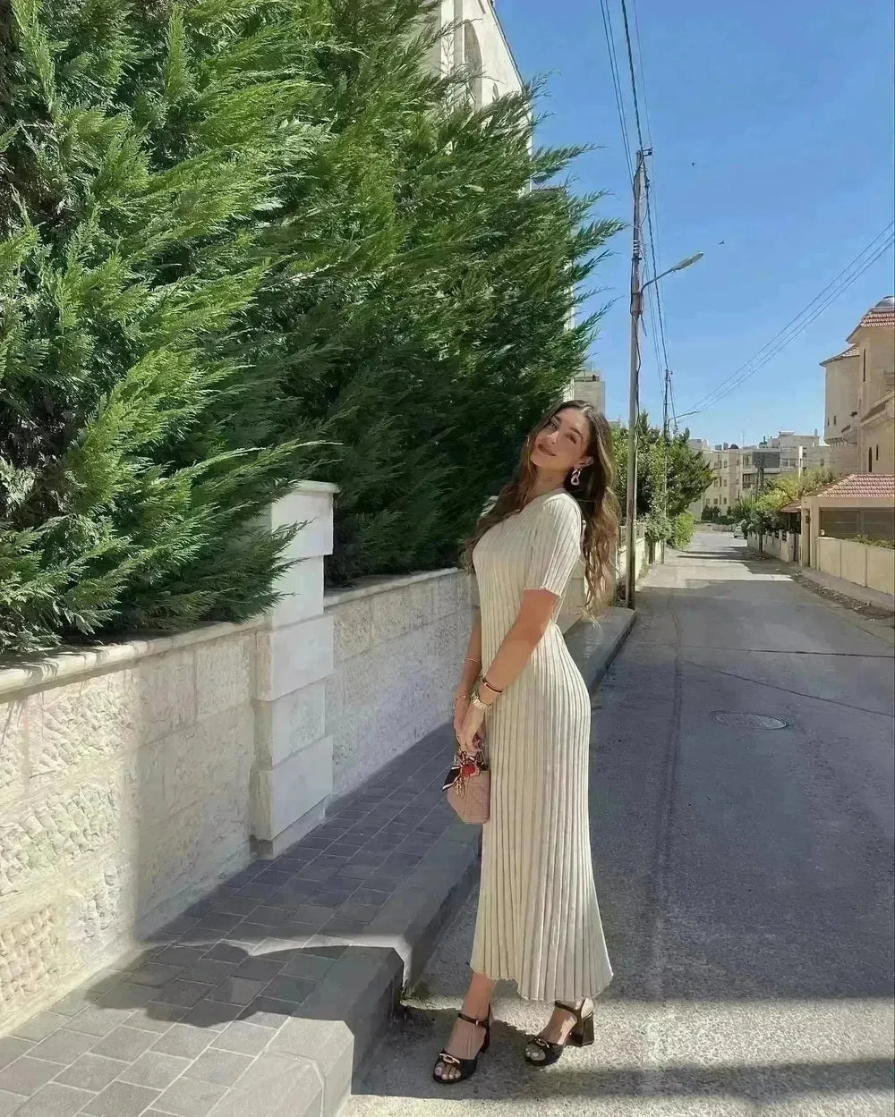 Knit Casual Tight Waist Round Neck Big Pit Stripe Slimming Knitted Long Dress - EX-STOCK CANADA