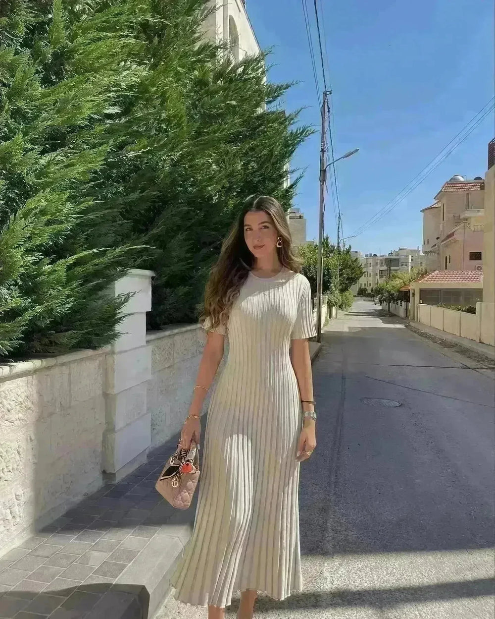 Knit Casual Tight Waist Round Neck Big Pit Stripe Slimming Knitted Long Dress - EX-STOCK CANADA