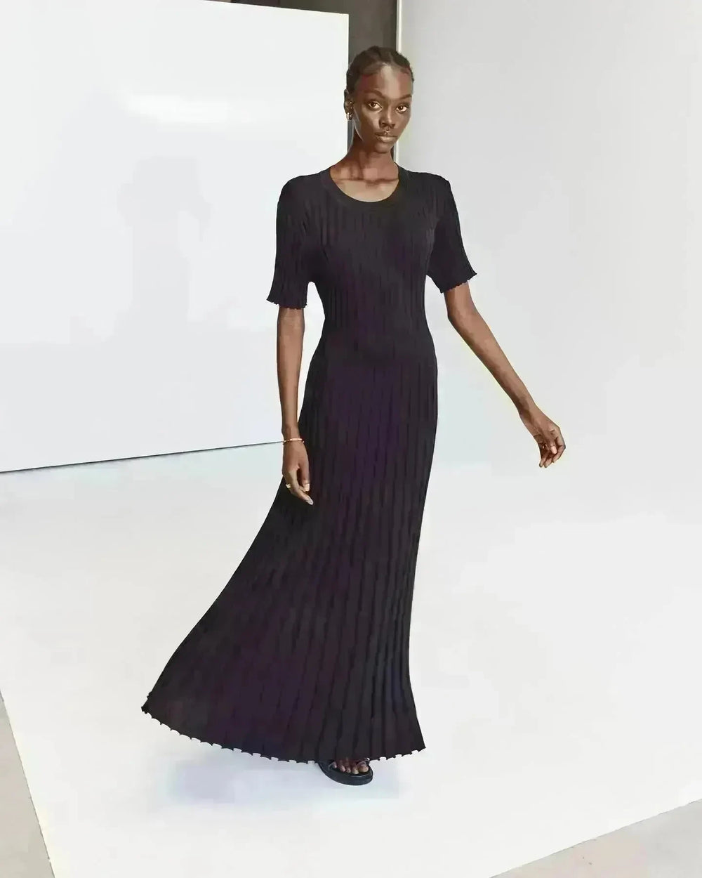 Knit Casual Tight Waist Round Neck Big Pit Stripe Slimming Knitted Long Dress - EX-STOCK CANADA