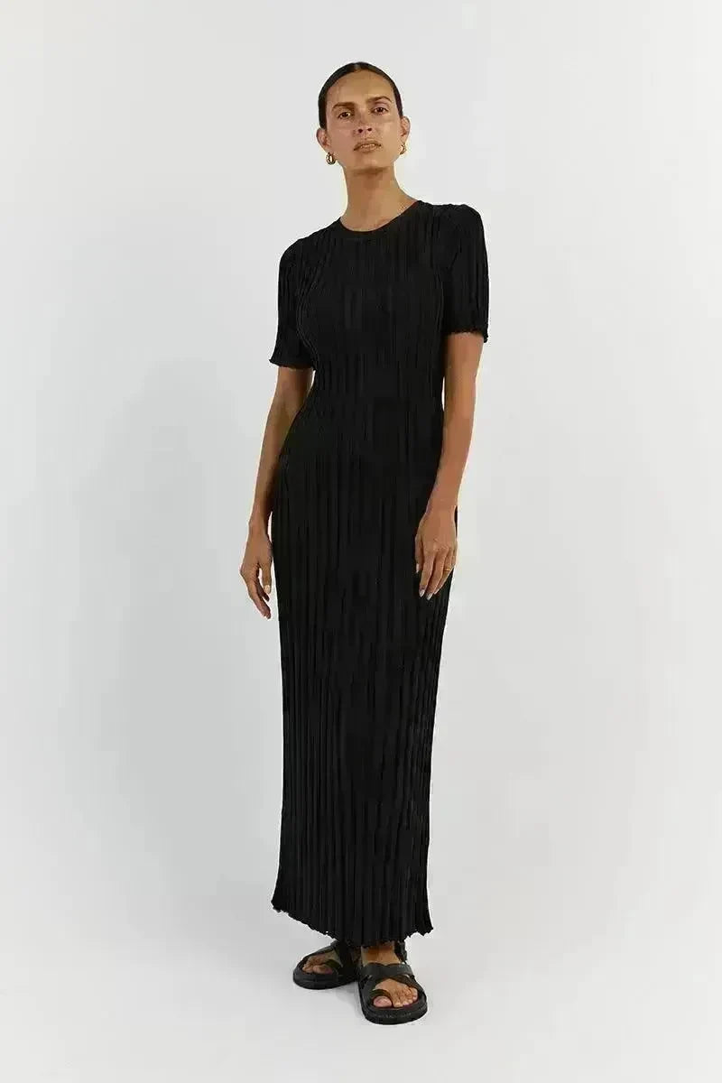Knit Casual Tight Waist Round Neck Big Pit Stripe Slimming Knitted Long Dress - EX-STOCK CANADA