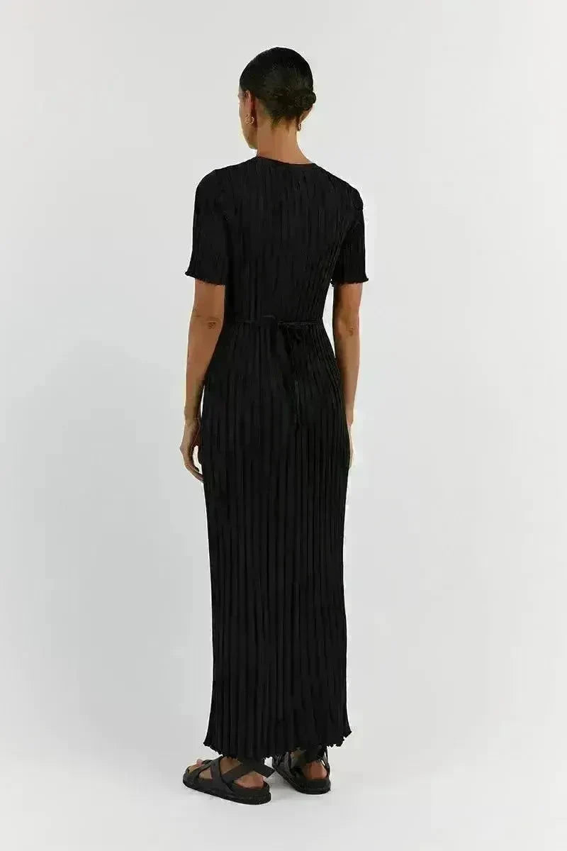 Knit Casual Tight Waist Round Neck Big Pit Stripe Slimming Knitted Long Dress - EX-STOCK CANADA