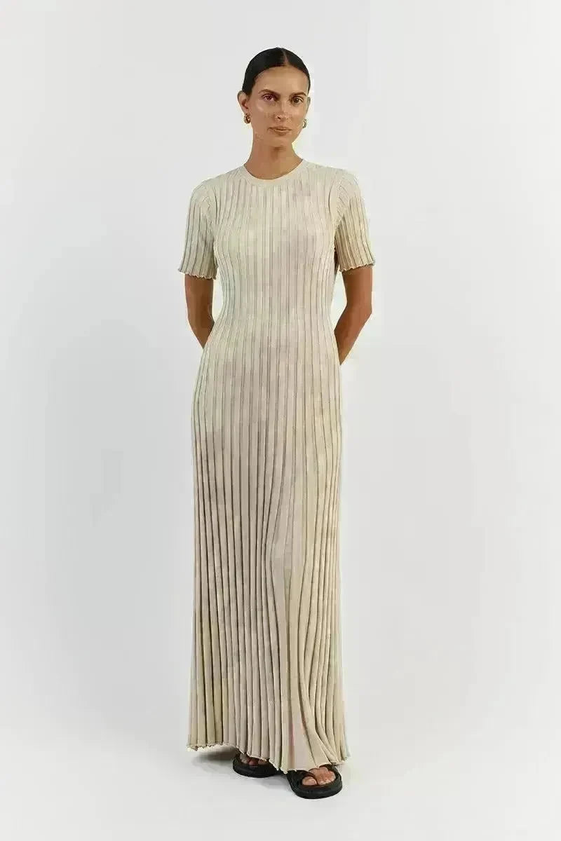 Knit Casual Tight Waist Round Neck Big Pit Stripe Slimming Knitted Long Dress - EX-STOCK CANADA
