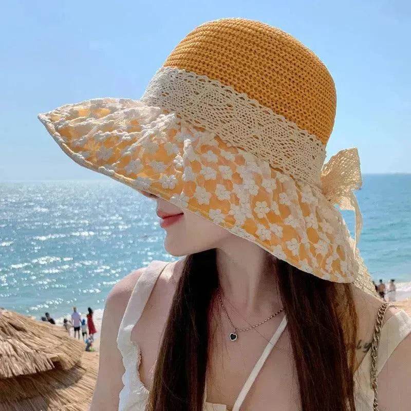 Lace Bow Straw Fisherman Hat Summer Outdoor Sunhat With Large Brim Anti-UV Sunshade And Face Protection Hat - EX-STOCK Canada