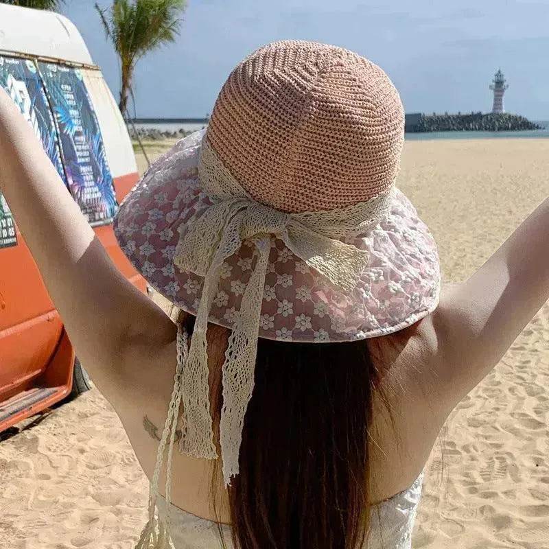 Lace Bow Straw Fisherman Hat Summer Outdoor Sunhat With Large Brim Anti-UV Sunshade And Face Protection Hat - EX-STOCK Canada