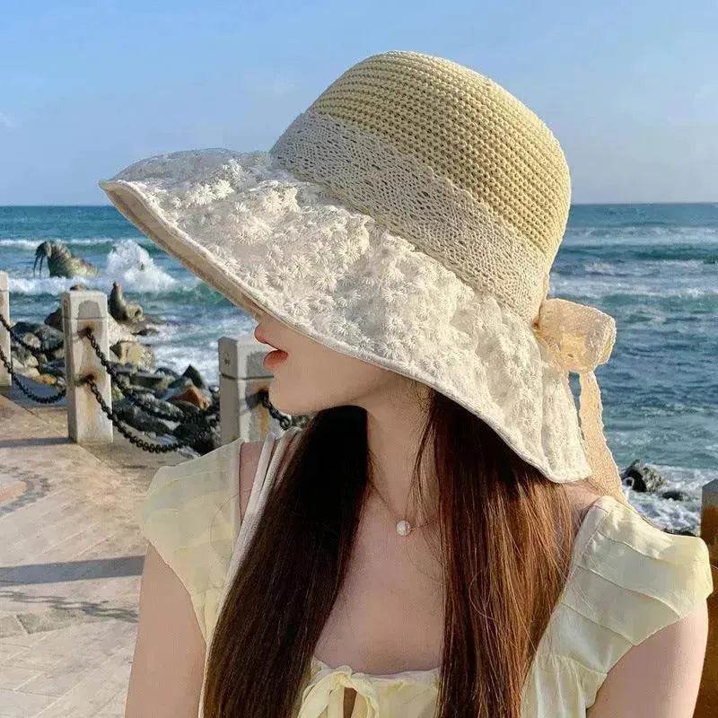Lace Bow Straw Fisherman Hat Summer Outdoor Sunhat With Large Brim Anti-UV Sunshade And Face Protection Hat - EX-STOCK Canada