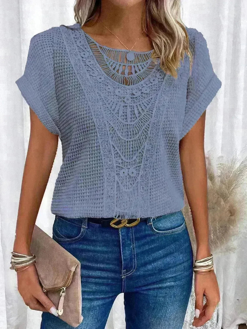 Lace Patchwork Short-sleeved T-shirt Women's Clothing - EX-STOCK CANADA