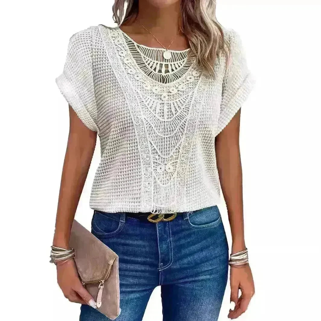 Lace Patchwork Short-sleeved T-shirt Women's Clothing - EX-STOCK CANADA