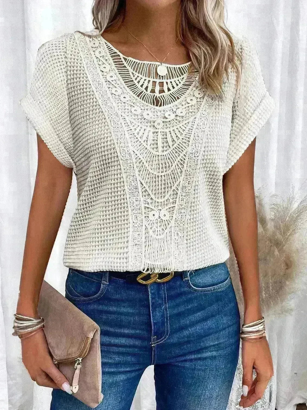 Lace Patchwork Short-sleeved T-shirt Women's Clothing - EX-STOCK CANADA