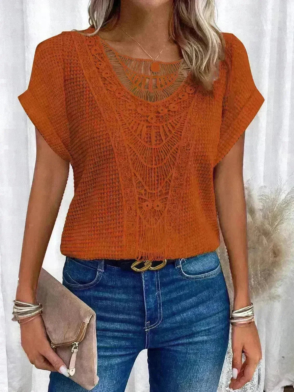 Lace Patchwork Short-sleeved T-shirt Women's Clothing - EX-STOCK CANADA