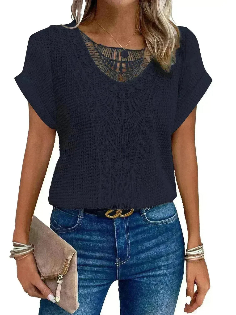Lace Patchwork Short-sleeved T-shirt Women's Clothing - EX-STOCK CANADA