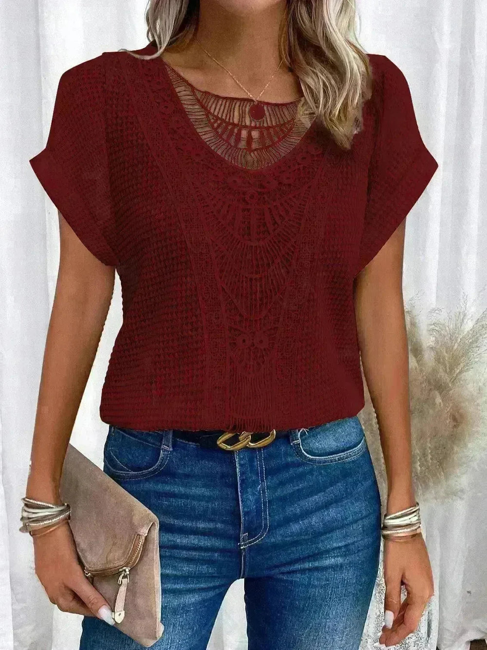 Lace Patchwork Short-sleeved T-shirt Women's Clothing - EX-STOCK CANADA