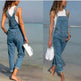 Ladies' Long Blue Denim Jeans Romper Jumpsuit With Straps - EX-STOCK Canada