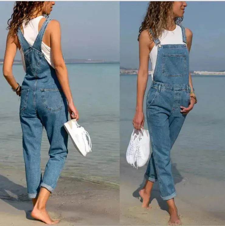 Ladies' Long Blue Denim Jeans Romper Jumpsuit With Straps - EX-STOCK Canada