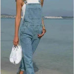 Ladies' Long Blue Denim Jeans Romper Jumpsuit With Straps - EX-STOCK Canada