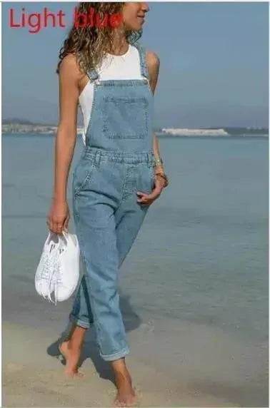 Ladies' Long Blue Denim Jeans Romper Jumpsuit With Straps - EX-STOCK Canada