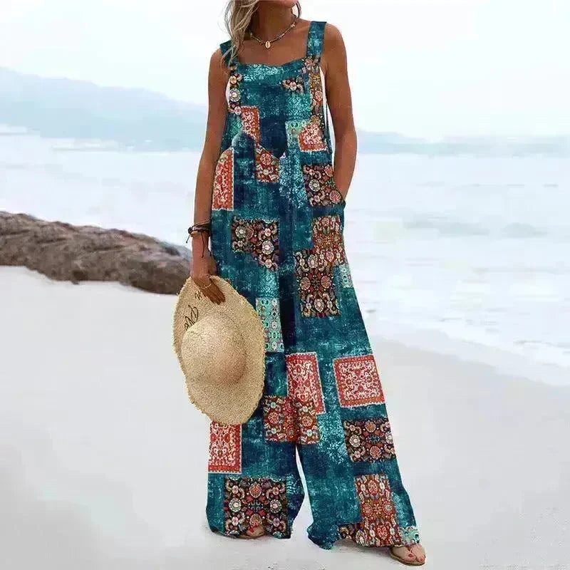 Ladies' National Style Cotton And Linen Button Suspender Jumpsuit - EX-STOCK CANADA