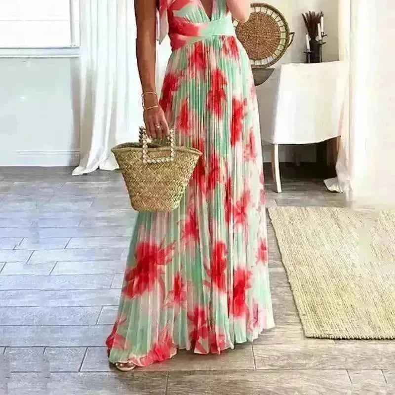 Lady Sexy Backless Print Pleated Dress - EX-STOCK CANADA