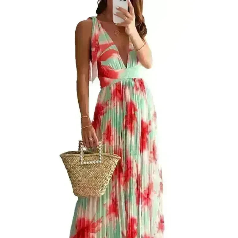 Lady Sexy Backless Print Pleated Dress - EX-STOCK CANADA