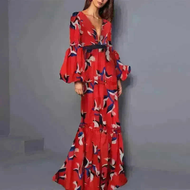 Lady Sexy V-neck Digital Printing Dress - EX-STOCK CANADA