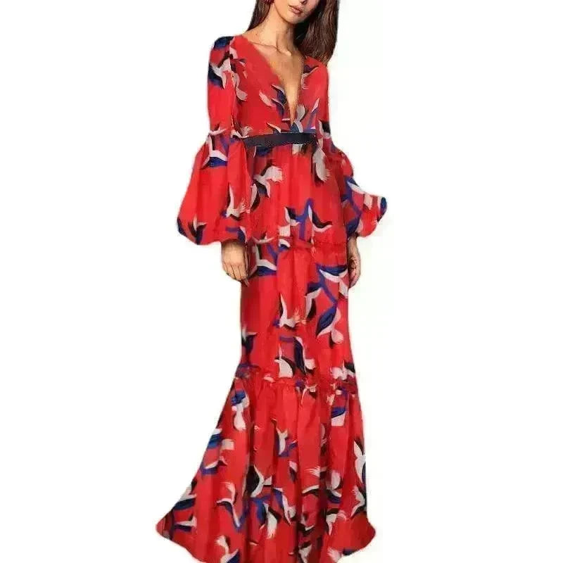 Lady Sexy V-neck Digital Printing Dress - EX-STOCK CANADA