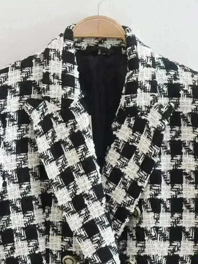Lapel Long Sleeve Double Breasted Houndstooth Coat Top For Women - EX-STOCK CANADA