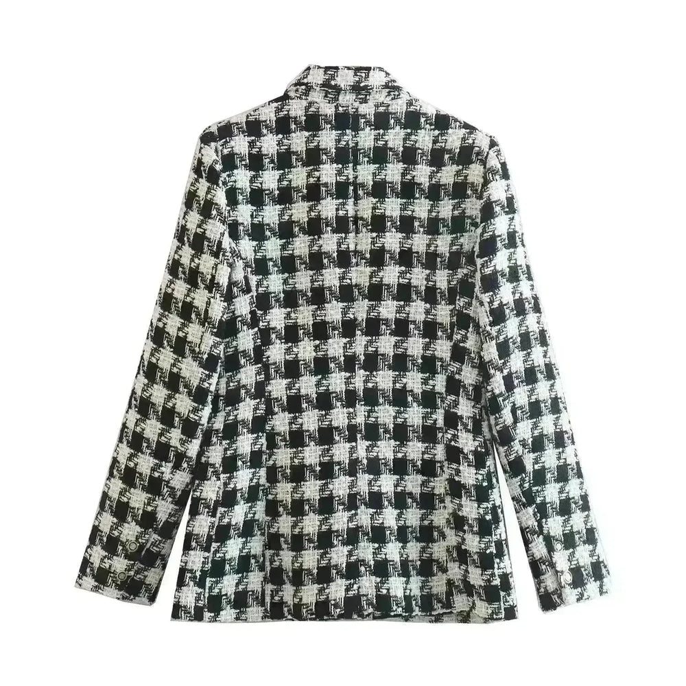 Lapel Long Sleeve Double Breasted Houndstooth Coat Top For Women - EX-STOCK CANADA