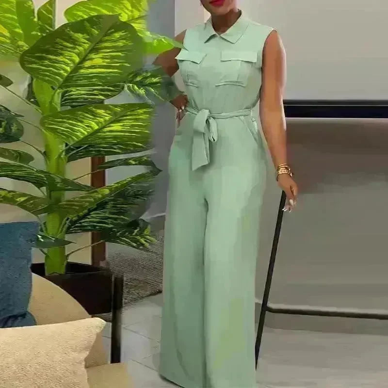 Lapel Pocket Waist Trimming Loose Wide Leg Sleeveless Jumpsuit - EX-STOCK CANADA