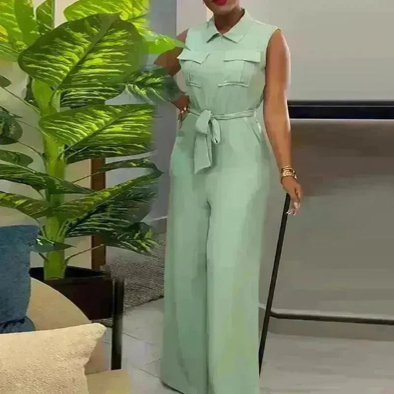 Lapel Pocket Waist Trimming Loose Wide Leg Sleeveless Jumpsuit - EX-STOCK CANADA