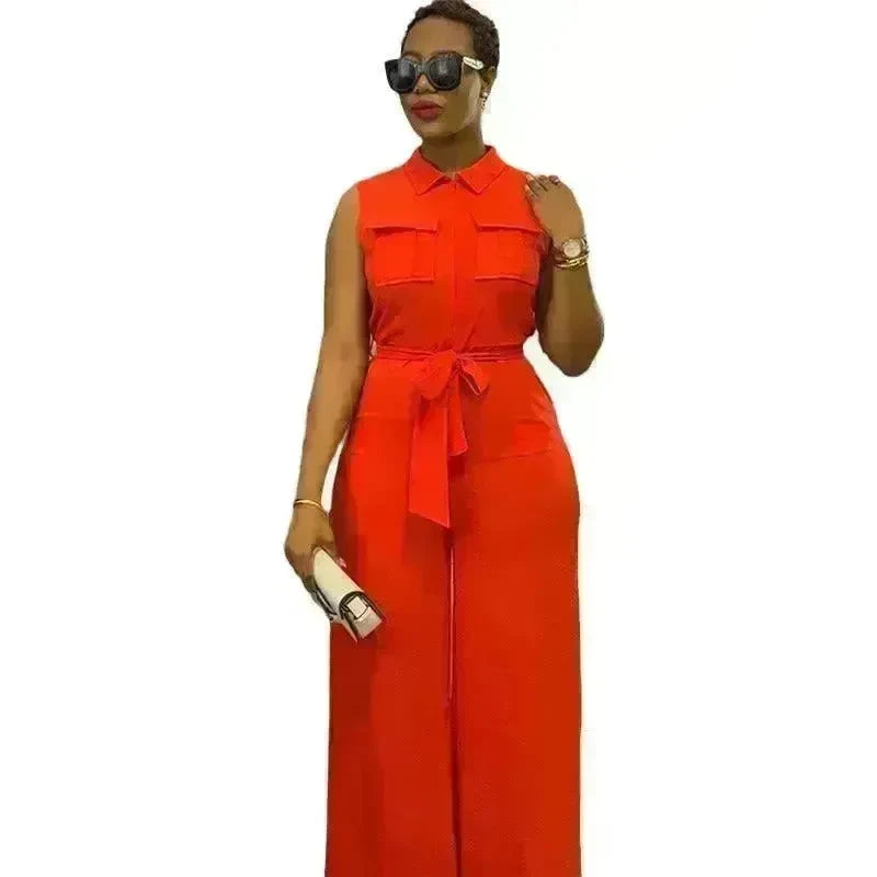Lapel Pocket Waist Trimming Loose Wide Leg Sleeveless Jumpsuit - EX-STOCK CANADA