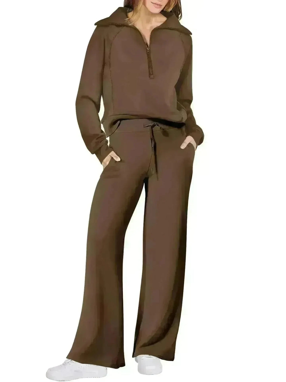 Leisure Sports Suit Long-sleeve Zipper Sweatshirt Wide Leg Pants Two-piece Set - EX-STOCK CANADA