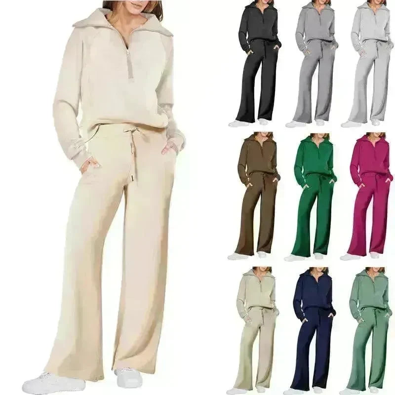 Leisure Sports Suit Long-sleeve Zipper Sweatshirt Wide Leg Pants Two-piece Set - EX-STOCK CANADA