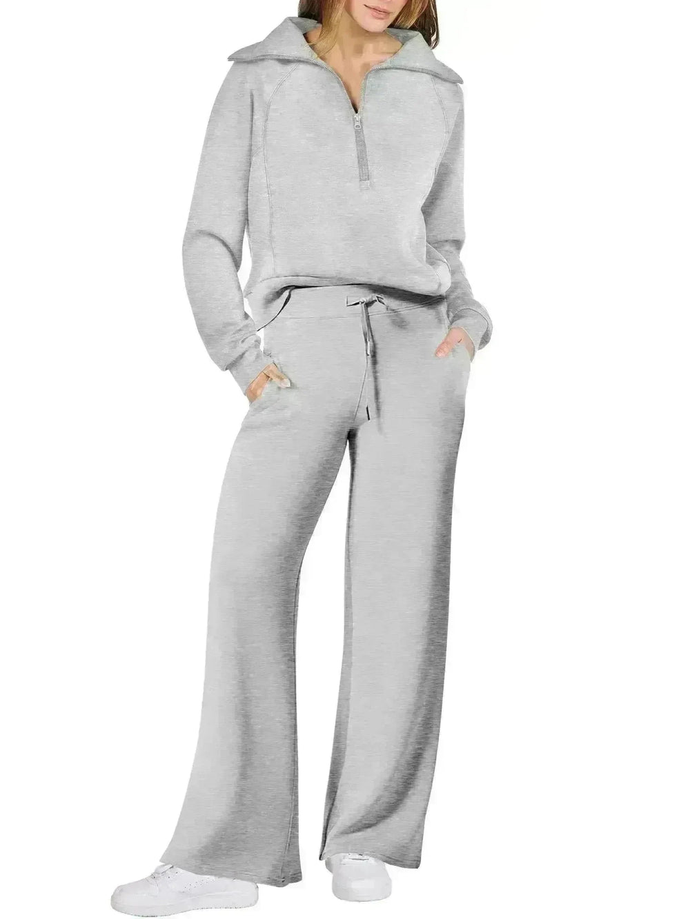 Leisure Sports Suit Long-sleeve Zipper Sweatshirt Wide Leg Pants Two-piece Set - EX-STOCK CANADA