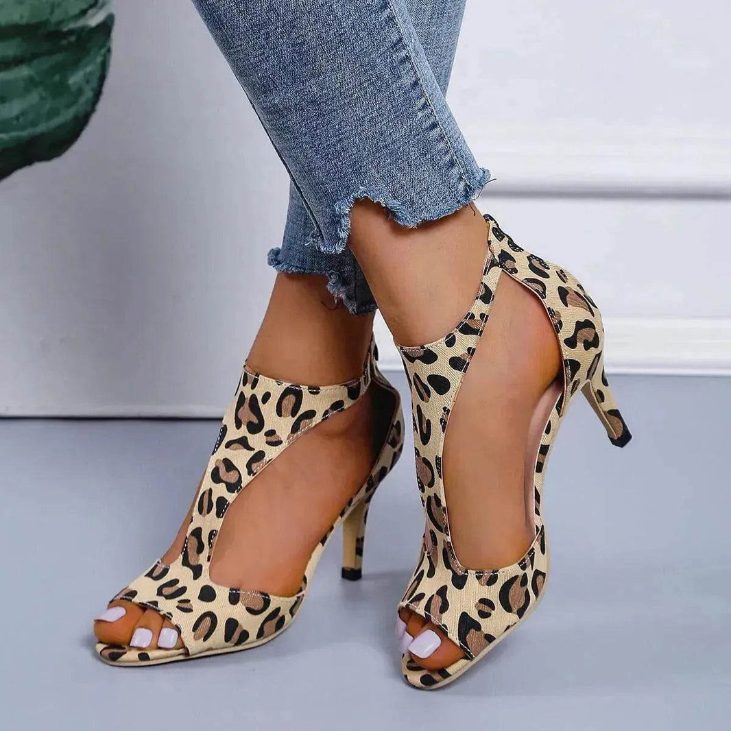 Leopard Print Shoes Open Toe Mid Heel Sandals Party Heels - EX-STOCK Canada