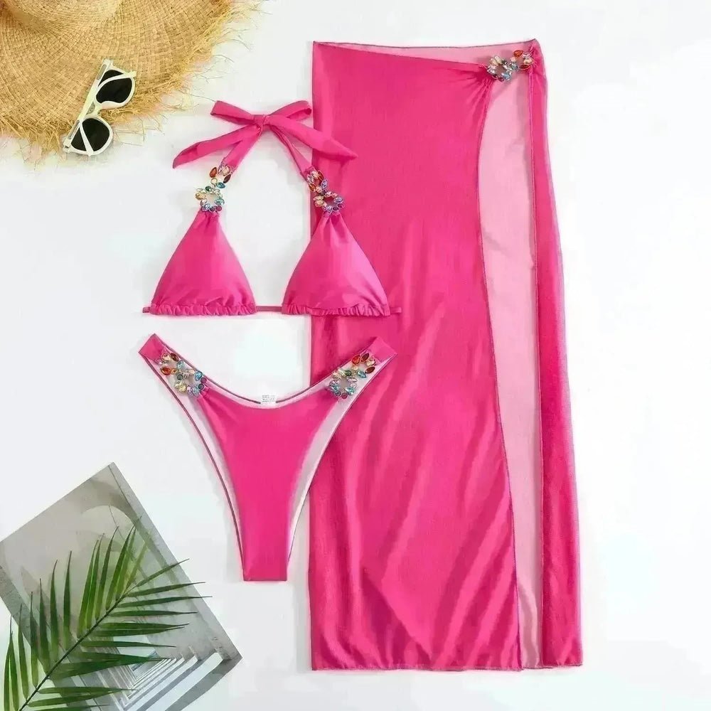 Light Diamond Solid Color Long Skirt Mesh Three Piece Swimsuit Bikini - EX-STOCK CANADA