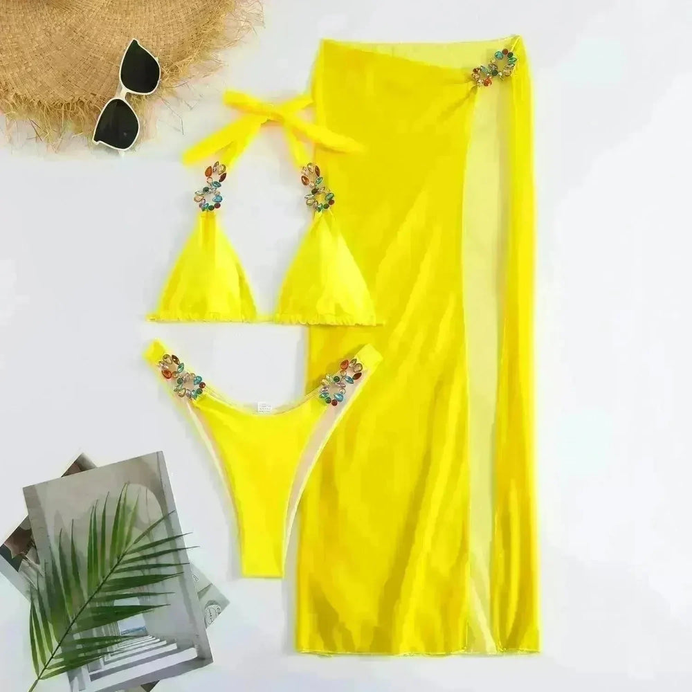 Light Diamond Solid Color Long Skirt Mesh Three Piece Swimsuit Bikini - EX-STOCK CANADA