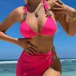 Light Diamond Solid Color Long Skirt Mesh Three Piece Swimsuit Bikini - EX-STOCK CANADA