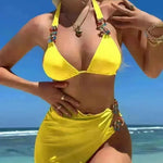 Light Diamond Solid Color Long Skirt Mesh Three Piece Swimsuit Bikini - EX-STOCK CANADA